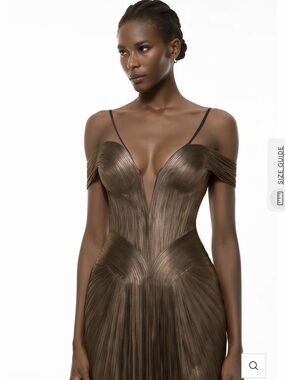Off-Shoulder V-Neck Evening Gown in Bronze